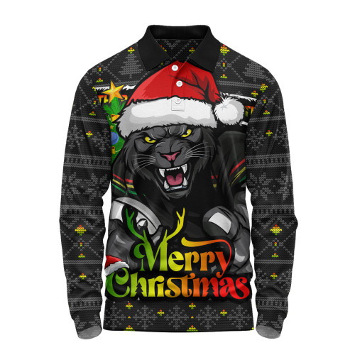 Penrith Panthers Long Sleeve Polo Shirt Merry Christmas Game Day Knit Style Team Edition Penrith Panthers Long Sleeve Polo Shirt Merry Christmas Game Day Knit Style Team Edition