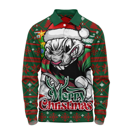 South Sydney Rabbitohs Long Sleeve Polo Shirt Merry Christmas Game Day Knit Style Team Edition
