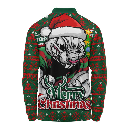 South Sydney Rabbitohs Long Sleeve Polo Shirt Merry Christmas Game Day Knit Style Team Edition