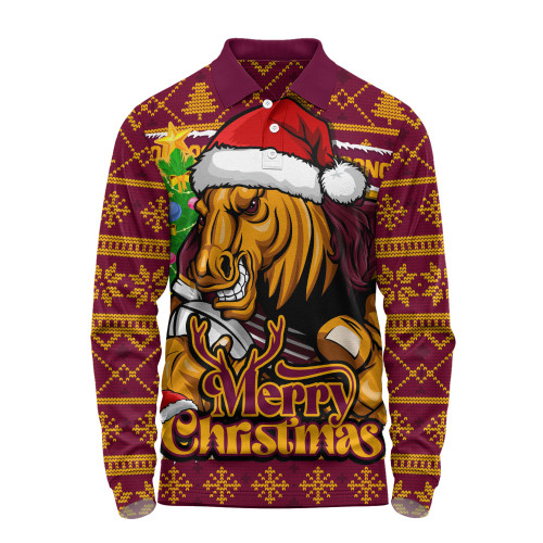 Brisbane Broncos Long Sleeve Polo Shirt Merry Christmas Game Day Knit Style Team Edition Brisbane Broncos Long Sleeve Polo Shirt Merry Christmas Game Day Knit Style Team Edition