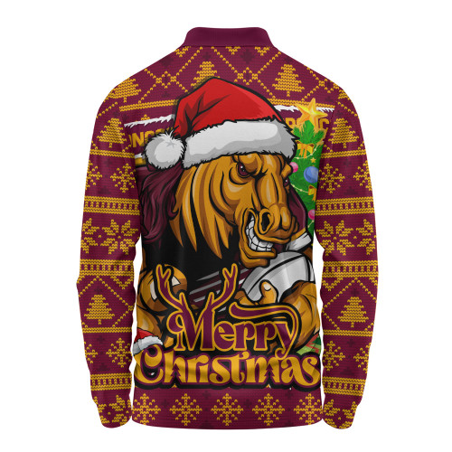 Brisbane Broncos Long Sleeve Polo Shirt Merry Christmas Game Day Knit Style Team Edition Brisbane Broncos Long Sleeve Polo Shirt Merry Christmas Game Day Knit Style Team Edition