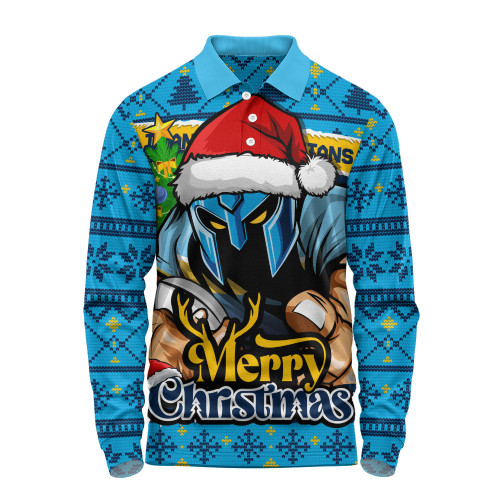 Gold Coast Titans Long Sleeve Polo Shirt Merry Christmas Game Day Knit Style Team Edition