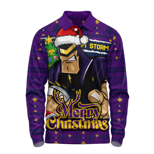 Melbourne Storm Long Sleeve Polo Shirt Merry Christmas Game Day Knit Style Team Edition