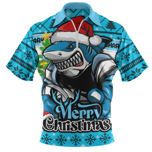 Cronulla-Sutherland Sharks Zip Polo Shirt Merry Christmas Game Day Knit Style Team Edition