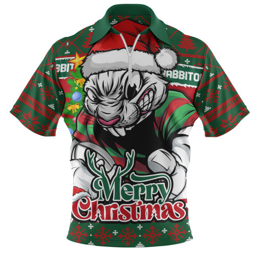 South Sydney Rabbitohs Zip Polo Shirt Merry Christmas Game Day Knit Style Team Edition