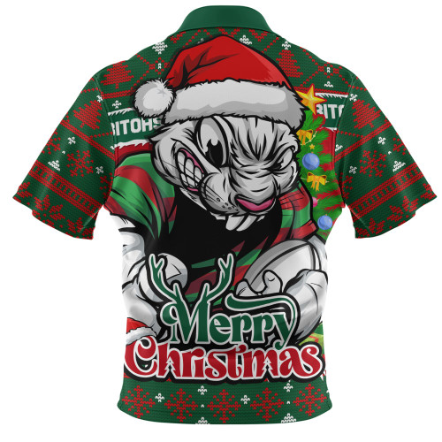 South Sydney Rabbitohs Zip Polo Shirt Merry Christmas Game Day Knit Style Team Edition