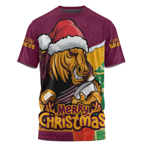 Brisbane Broncos T-Shirt Santa Scoring Touchdown On Christmas Game Day