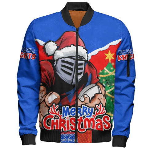 Newcastle Knights Bomber Jacket Santa Scoring Touchdown On Christmas Game Day