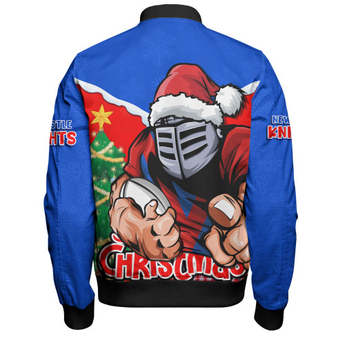 Newcastle Knights Bomber Jacket Santa Scoring Touchdown On Christmas Game Day