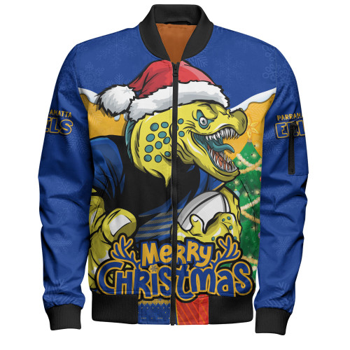 Parramatta Eels Bomber Jacket Santa Scoring Touchdown On Christmas Game Day