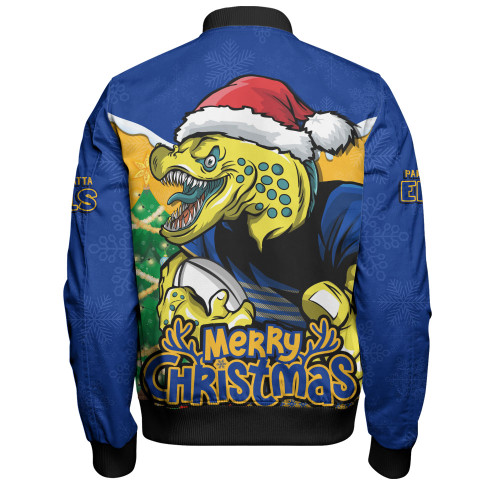 Parramatta Eels Bomber Jacket Santa Scoring Touchdown On Christmas Game Day