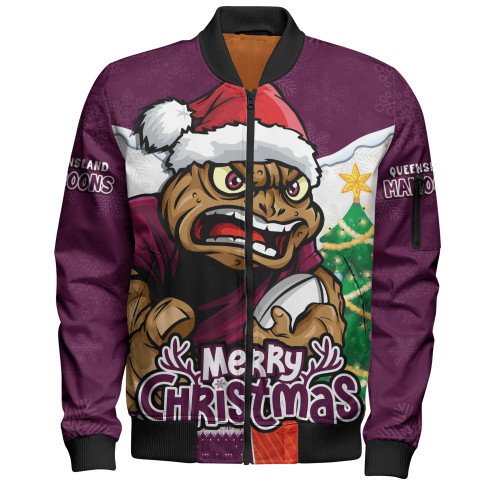 Queensland Maroons Bomber Jacket Santa Scoring Touchdown On Christmas Game Day