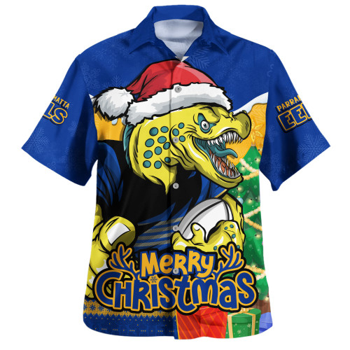 Parramatta Eels Hawaiian Shirt Santa Scoring Touchdown On Christmas Game Day