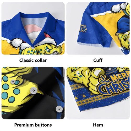 Parramatta Eels Hawaiian Shirt Santa Scoring Touchdown On Christmas Game Day Parramatta Eels Hawaiian Shirt Santa Scoring Touchdown On Christmas Game Day
