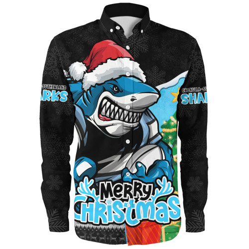 Cronulla-Sutherland Sharks Long Sleeve Shirt Santa Scoring Touchdown On Christmas Game Day
