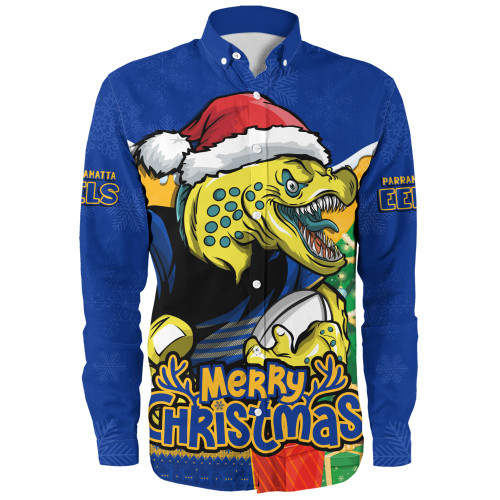Parramatta Eels Long Sleeve Shirt Santa Scoring Touchdown On Christmas Game Day