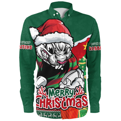 South Sydney Rabbitohs Long Sleeve Shirt Santa Scoring Touchdown On Christmas Game Day