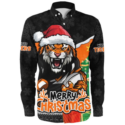 Wests Tigers Long Sleeve Shirt Santa Scoring Touchdown On Christmas Game Day