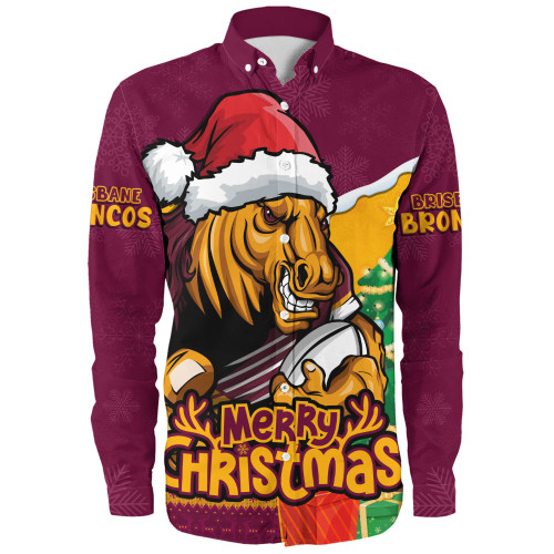 Brisbane Broncos Long Sleeve Shirt Santa Scoring Touchdown On Christmas Game Day