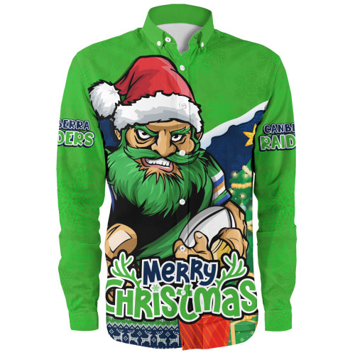 Canberra Raiders Long Sleeve Shirt Santa Scoring Touchdown On Christmas Game Day