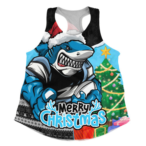 Cronulla-Sutherland Sharks Women Racerback Singlet Santa Scoring Touchdown On Christmas Game Day