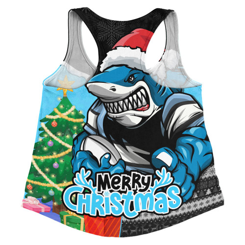 Cronulla-Sutherland Sharks Women Racerback Singlet Santa Scoring Touchdown On Christmas Game Day
