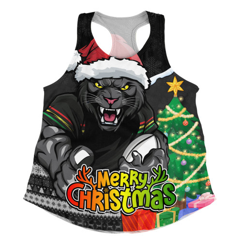 Penrith Panthers Women Racerback Singlet Santa Scoring Touchdown On Christmas Game Day