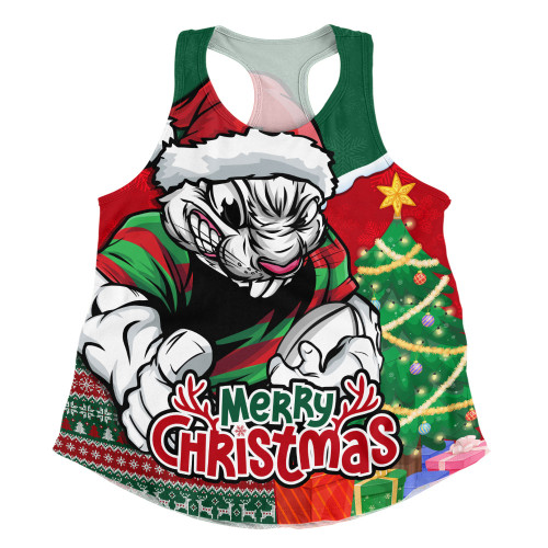 South Sydney Rabbitohs Women Racerback Singlet Santa Scoring Touchdown On Christmas Game Day