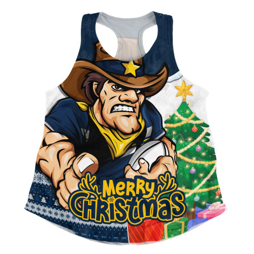 North Queensland Cowboys Women Racerback Singlet Santa Scoring Touchdown On Christmas Game Day