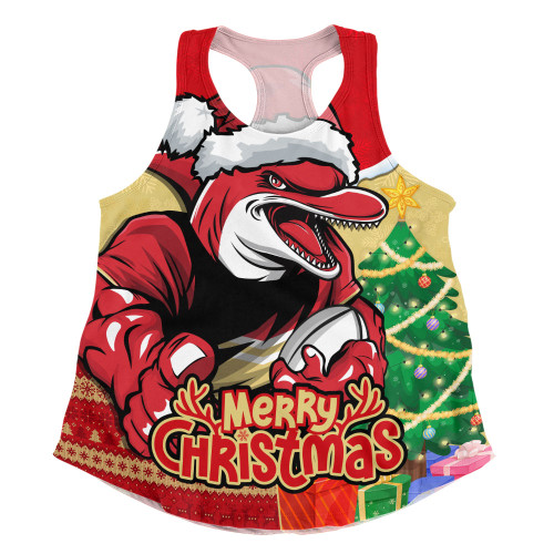 Redcliffe Dolphins Women Racerback Singlet Santa Scoring Touchdown On Christmas Game Day