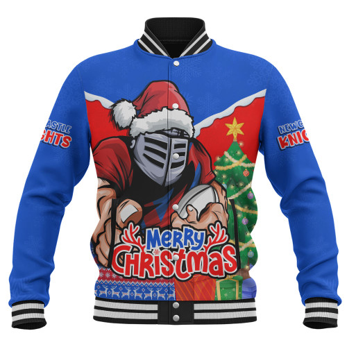 Newcastle Knights Baseball Jacket Santa Scoring Touchdown On Christmas Game Day