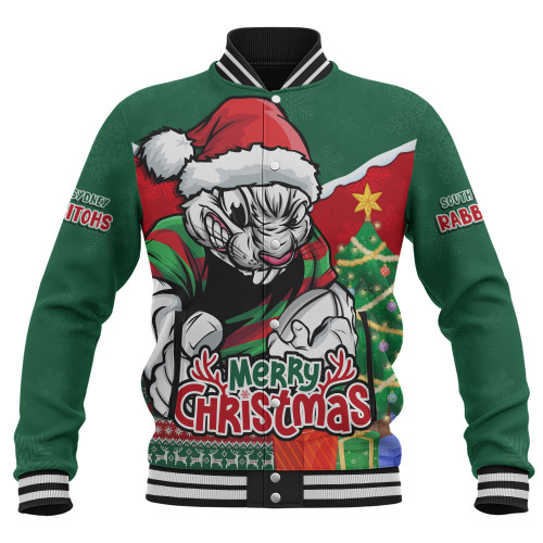 South Sydney Rabbitohs Baseball Jacket Santa Scoring Touchdown On Christmas Game Day