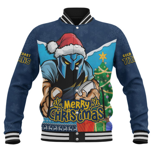Gold Coast Titans Baseball Jacket Santa Scoring Touchdown On Christmas Game Day