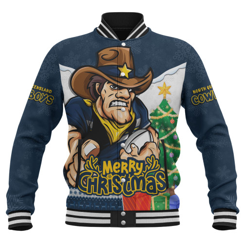 North Queensland Cowboys Baseball Jacket Santa Scoring Touchdown On Christmas Game Day