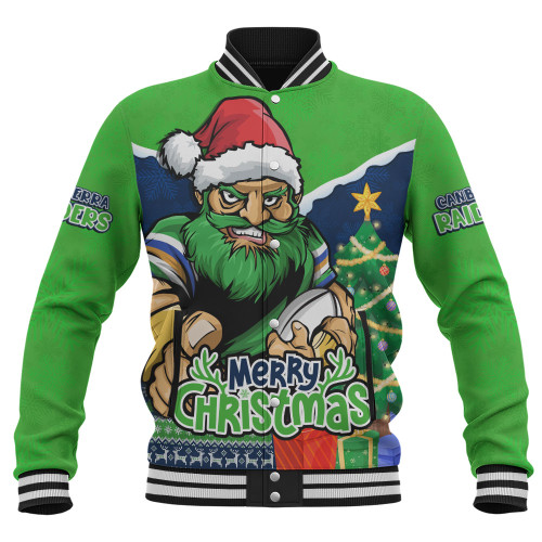 Canberra Raiders Baseball Jacket Santa Scoring Touchdown On Christmas Game Day