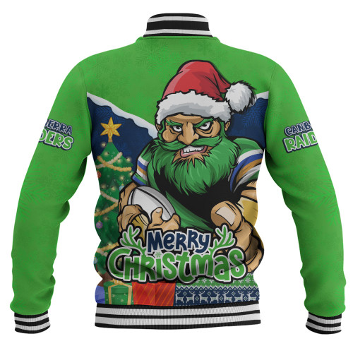 Canberra Raiders Baseball Jacket Santa Scoring Touchdown On Christmas Game Day