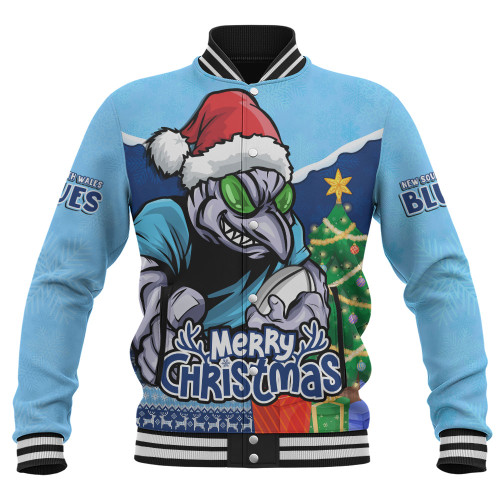 New South Wales Blues Baseball Jacket Santa Scoring Touchdown On Christmas Game Day