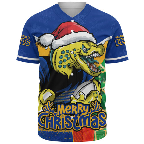 Parramatta Eels Baseball Shirt Santa Scoring Touchdown On Christmas Game Day