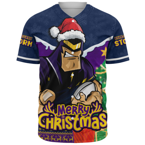 Melbourne Storm Baseball Shirt Santa Scoring Touchdown On Christmas Game Day