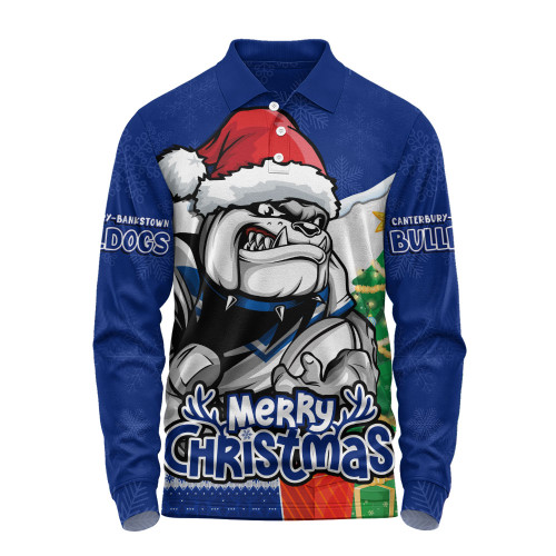 Canterbury-Bankstown Bulldogs Long Sleeve Polo Shirt Santa Scoring Touchdown On Christmas Game Day