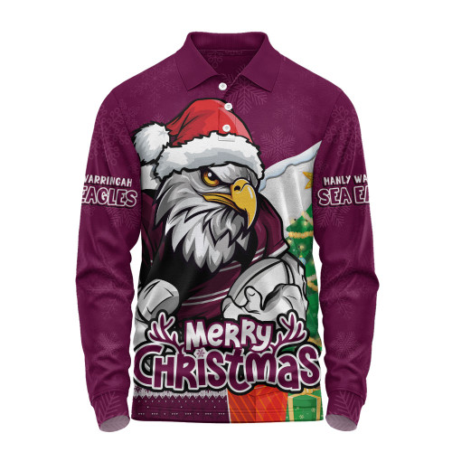 Manly Warringah Sea Eagles Long Sleeve Polo Shirt Santa Scoring Touchdown On Christmas Game Day