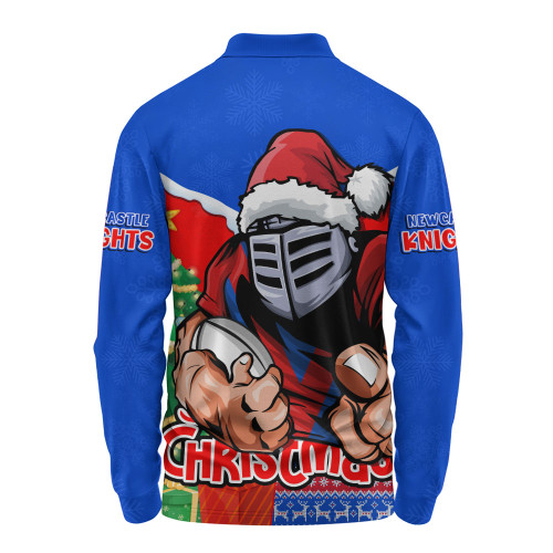 Newcastle Knights Long Sleeve Polo Shirt Santa Scoring Touchdown On Christmas Game Day