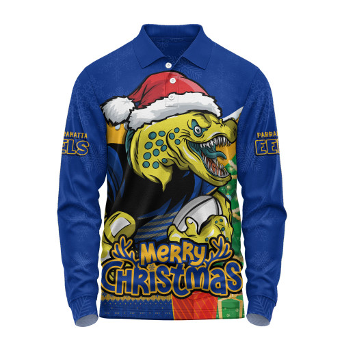 Parramatta Eels Long Sleeve Polo Shirt Santa Scoring Touchdown On Christmas Game Day