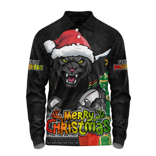 Penrith Panthers Long Sleeve Polo Shirt Santa Scoring Touchdown On Christmas Game Day