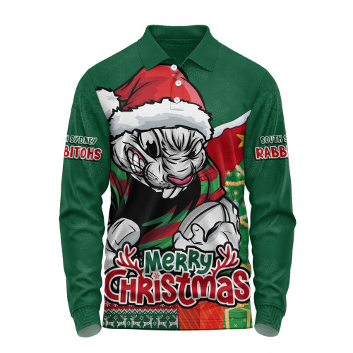 South Sydney Rabbitohs Long Sleeve Polo Shirt Santa Scoring Touchdown On Christmas Game Day