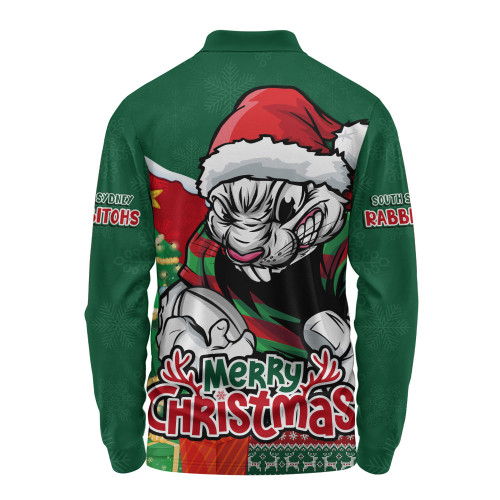 South Sydney Rabbitohs Long Sleeve Polo Shirt Santa Scoring Touchdown On Christmas Game Day