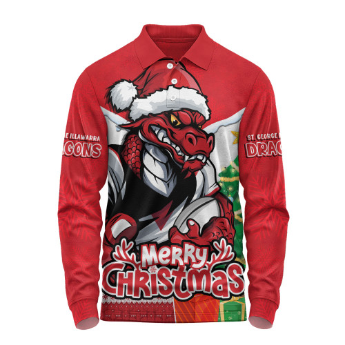 St. George Illawarra Dragons Long Sleeve Polo Shirt Santa Scoring Touchdown On Christmas Game Day
