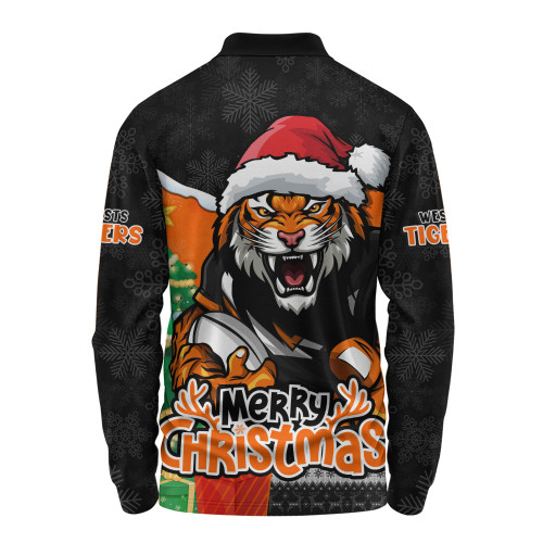 Wests Tigers Long Sleeve Polo Shirt Santa Scoring Touchdown On Christmas Game Day
