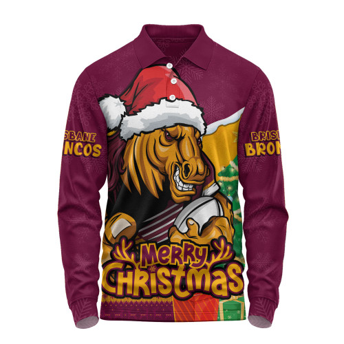 Brisbane Broncos Long Sleeve Polo Shirt Santa Scoring Touchdown On Christmas Game Day