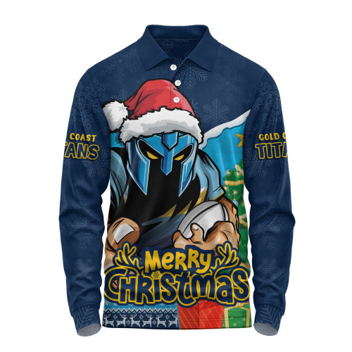 Gold Coast Titans Long Sleeve Polo Shirt Santa Scoring Touchdown On Christmas Game Day Gold Coast Titans Long Sleeve Polo Shirt Santa Scoring Touchdown On Christmas Game Day